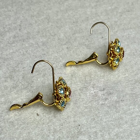 Joan Rivers Earrings * Gold Tone w/ Blue & Pink Rhinestones * Vintage * Pierced - Picture 7 of 7